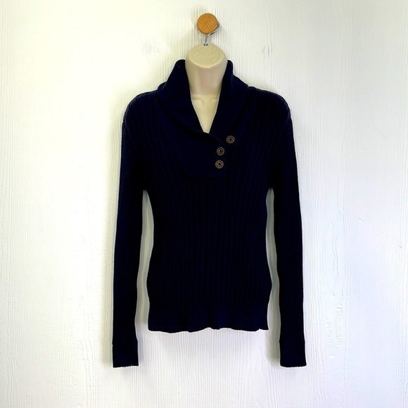 Lauren Ralph Lauren - Navy Ribbed Shawl Collar Pullover Sweater Size Medium - Picture 1 of 12